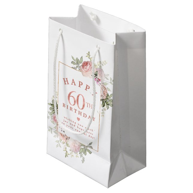 Petit Sac Cadeau Rose rose pâle or 60e anniversaire (Devant Angle)