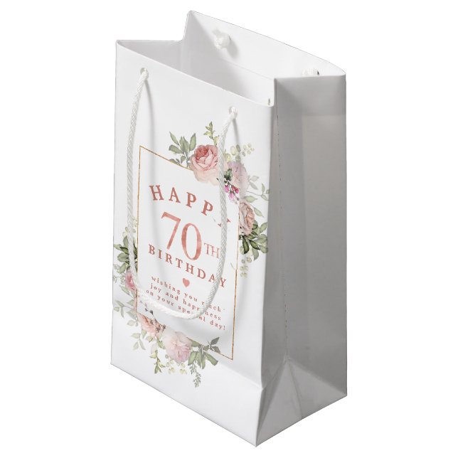 Petit Sac Cadeau Rose rose pâle or 70e anniversaire (Devant Angle)