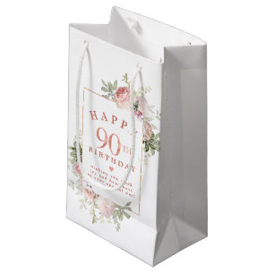 Petit Sac Cadeau Rose rose pâle or floral 90e anniversaire