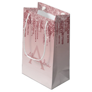 Petit Sac Cadeau Rose Rose Parties scintillant Or & Monogramme étin