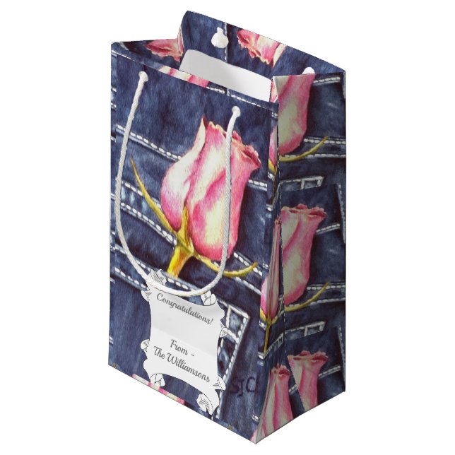 Petit Sac Cadeau Rose rose simple (Devant Angle)