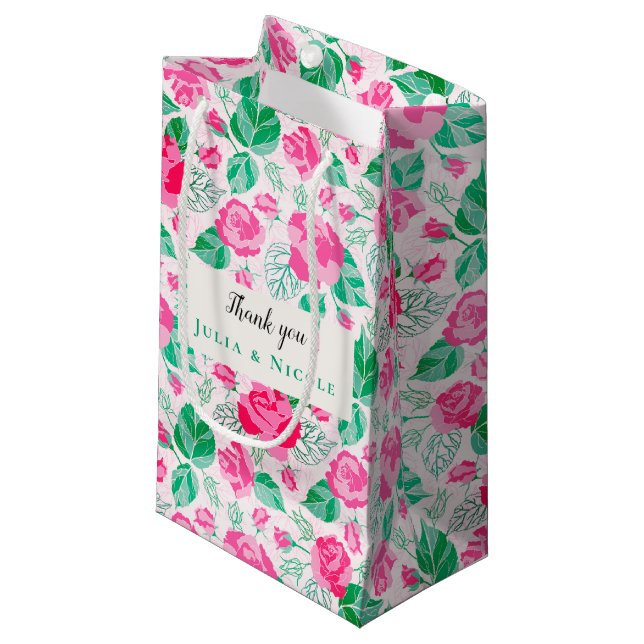 Petit Sac Cadeau Rose Vert Rose Pétales Fleurs Jardin Mariage (Devant Angle)