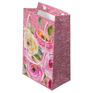 Petit Sac Cadeau Roses aquarelles en rose et crème à paillettes ros
