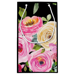 Petit Sac Cadeau Roses aquarelles en rose et crème sur fond noir