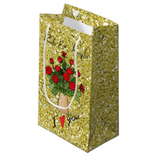 Petit Sac Cadeau Roses rouges dans Vase Gold Faux Parties scintilla