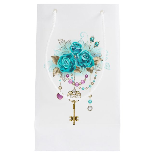 Petit Sac Cadeau Roses turquoise avec touches (Devant)