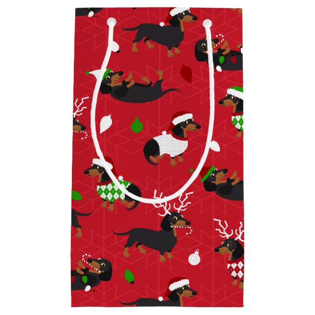 Petit Sac Cadeau Rouge de Noël Dachshund (Devant)