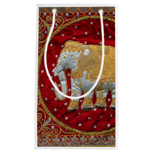 Petit Sac Cadeau Rouge embelli et or d'éléphant d'Asie