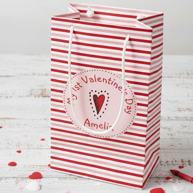 Petit Sac Cadeau Rouge rose et blanc Grandes Bébés Premier Valentin (Cute Trendy My 1st Valentine's Day Gift Bags for Baby Girl. Modern Red Pink Stripes Pattern for Kids)