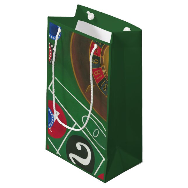 Petit Sac Cadeau Roulette Table avec puces et roue (Devant Angle)