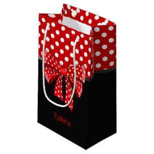 Petit Sac Cadeau Ruban Pois noir, rouge et blanc
