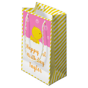 Petit Sac Cadeau Rubber Ducky Jaune et Rose Joyeux Anniversaire