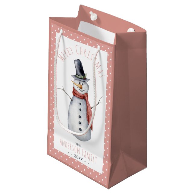 Petit Sac Cadeau Russe aquarelle Joyeux Noël Snowman Famille (Devant Angle)