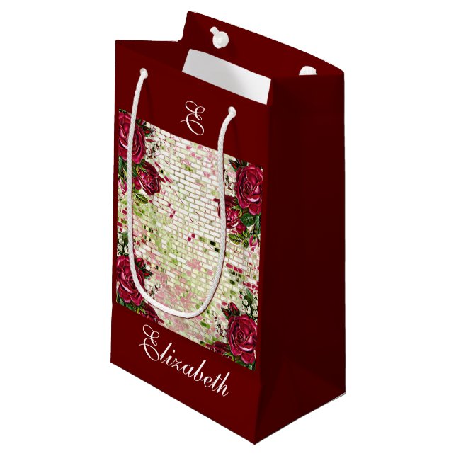 Petit Sac Cadeau Russe Bourgogne Maroon Rose Bridesmaid Monogramme (Devant Angle)