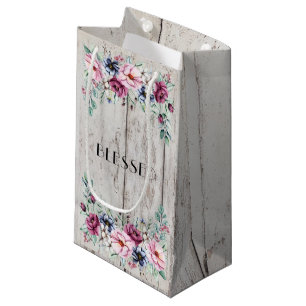 Petit Sac Cadeau Rustique Fleuris Rose & Marine Bois de Grange Béni