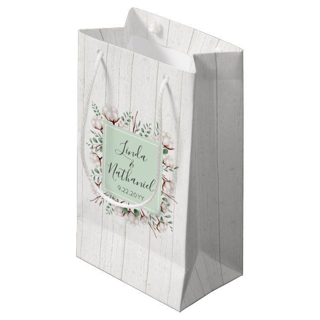Petit Sac Cadeau Rustique Sud Coton & Bois Ferme Mariage Faveur (Devant Angle)