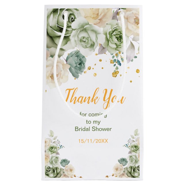 Petit Sac Cadeau Sage Vert et Crème Fleurs Mariage (Devant)