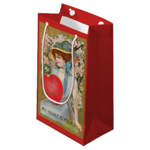Petit Sac Cadeau Saint-Valentin vintage, Dame victorienne avec cœur