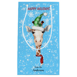 Petit Sac Cadeau Santa Hat Giraffe Flocon de neige bleu