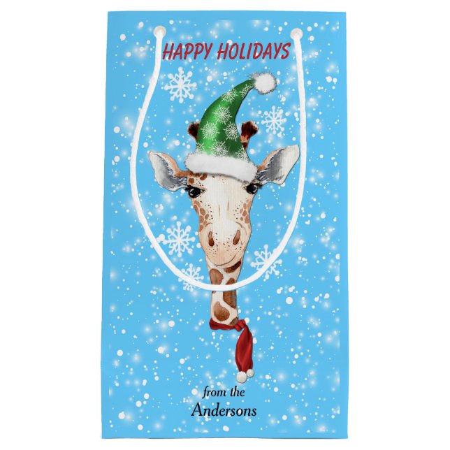 Petit Sac Cadeau Santa Hat Giraffe Flocon de neige bleu (Devant)