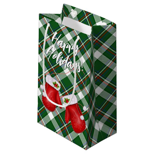 Petit Sac Cadeau Santas Mittens Sur Motif Rouge Vert Plaid (Devant Angle)