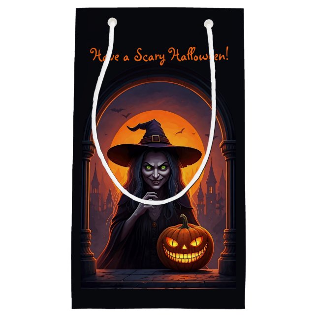 Petit Sac Cadeau Scary Halloween sorcière et Citrouille fou de sour (Devant)