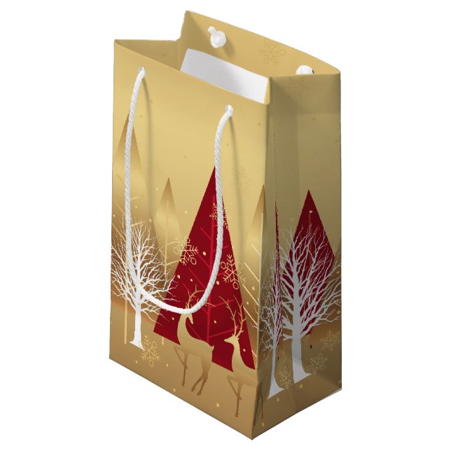 Petit Sac Cadeau Scène de cerfs d'hiver de Noël moderne Gold Red (Devant Angle)