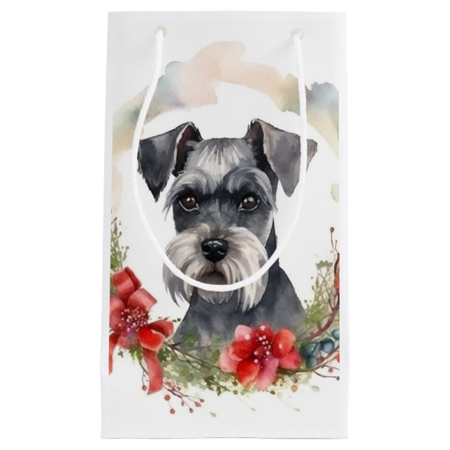 Petit Sac Cadeau Schnauzer Christmas Wreath Festive Pup (Devant)