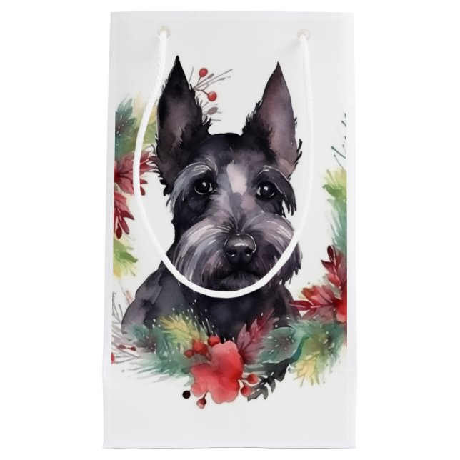 Petit Sac Cadeau Scottish Terrier Christmas Wreath Festive Pup (Devant)