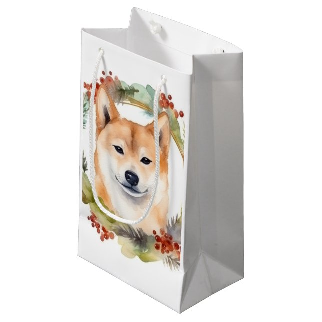 Petit Sac Cadeau Shiba Inu Festive de la couronne de Noël Coupe (Devant Angle)