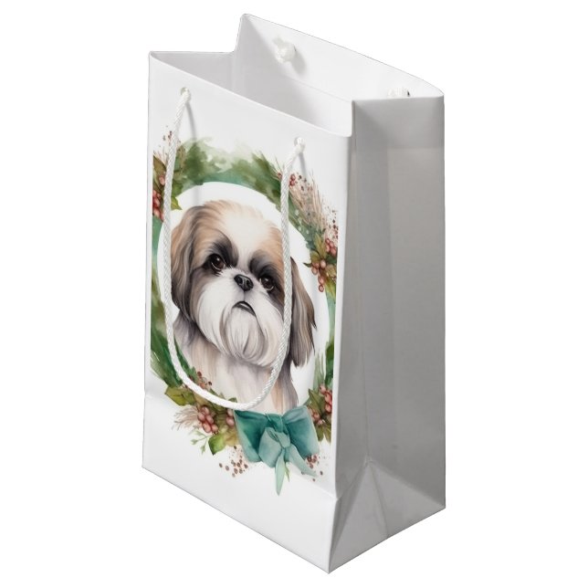 Petit Sac Cadeau Shih Tzu Christmas Wreath Festive Pup (Devant Angle)