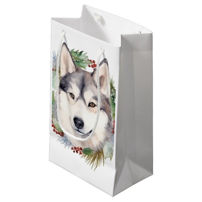 Petit Sac Cadeau Sibérie Husky Christmas Wreath Festive Pup (Devant Angle)