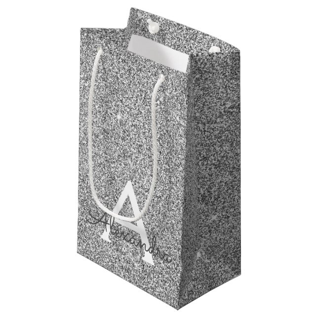 Petit Sac Cadeau Silver Sparkle Glitter Monogram Name & Initial (Devant Angle)
