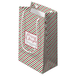Petit Sac Cadeau Simple rouge vert et blanc rayures Joyeuses et bri