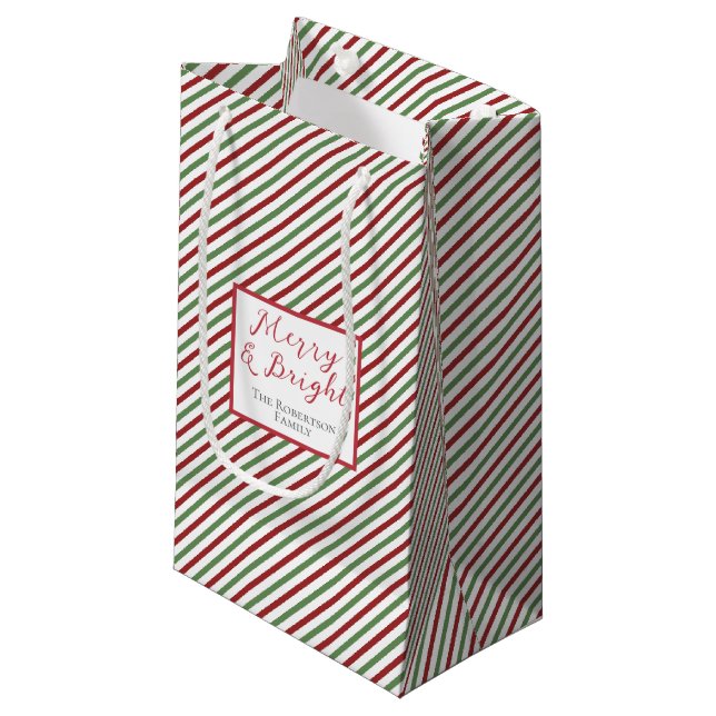 Petit Sac Cadeau Simple rouge vert et blanc rayures Joyeuses et bri (Devant Angle)