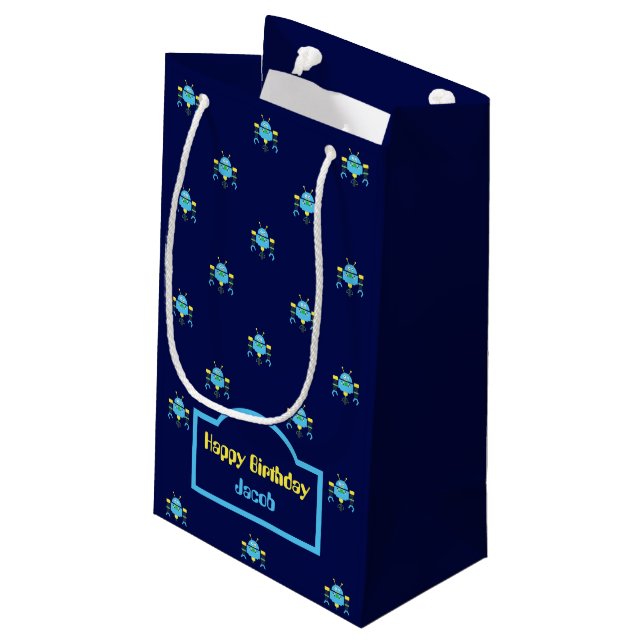 Petit Sac Cadeau Sky Blue Robot Motif Navy Blue Cadeau (Dos Angle)