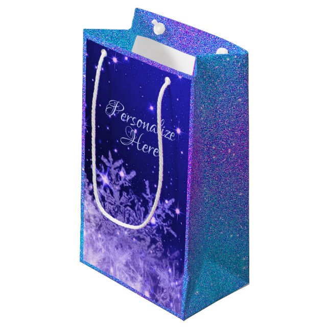 Petit Sac Cadeau Snowflake mousseux violet bleu blanc parties scint (Devant Angle)