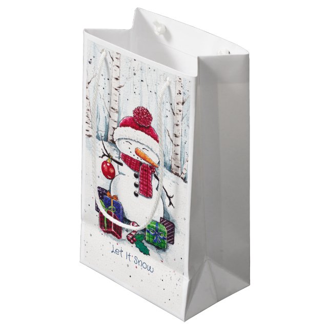Petit Sac Cadeau Snowman Avec Cadeaux En Aquarelle (Devant Angle)