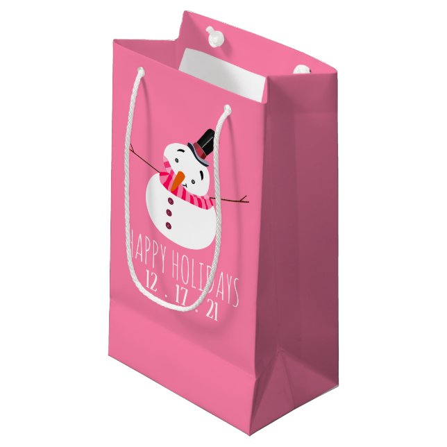 Petit Sac Cadeau Snowman rose, Joyeuses Fêtes (Devant Angle)