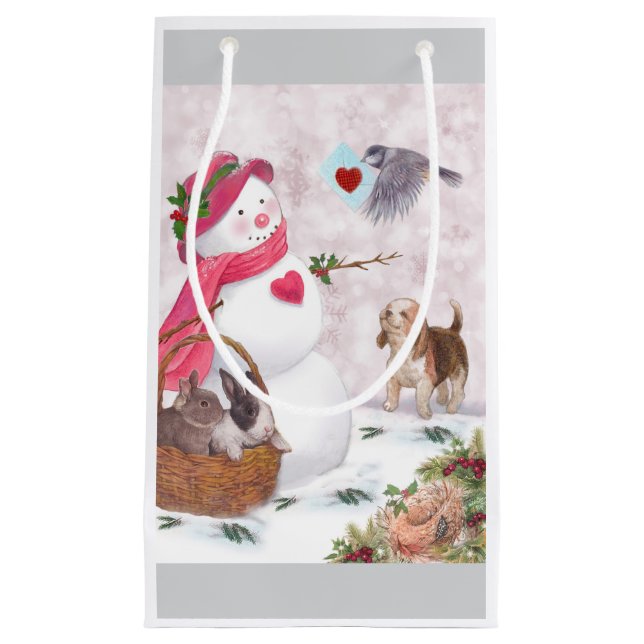 Petit Sac Cadeau Snowman Whimsical avec Animaux Paix (Devant)