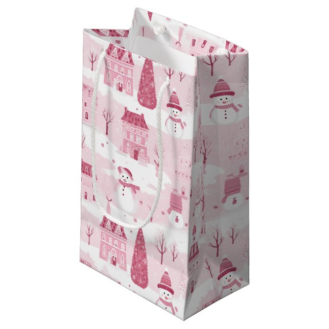 Petit Sac Cadeau Snowy Pink Christmas Village (Devant Angle)