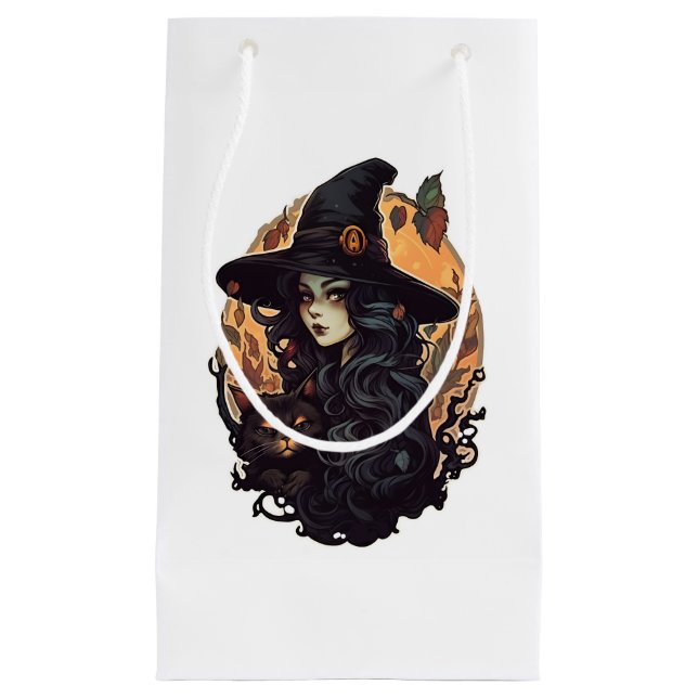 Petit Sac Cadeau Sorcière avec le chat noir halloween (Devant)