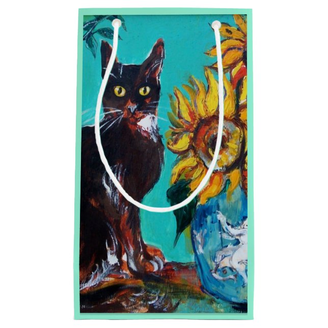 PETIT SAC CADEAU SOUCHES AVEC CHAT NOIR EN TURQUOISE BLEUE (Devant)