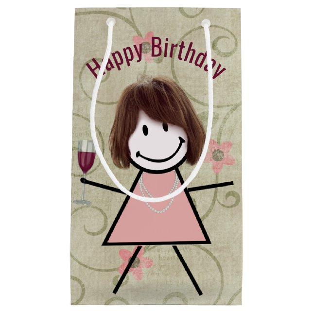 Petit Sac Cadeau Stick Girl Anniversaire Avec Vin Rouge (Devant)