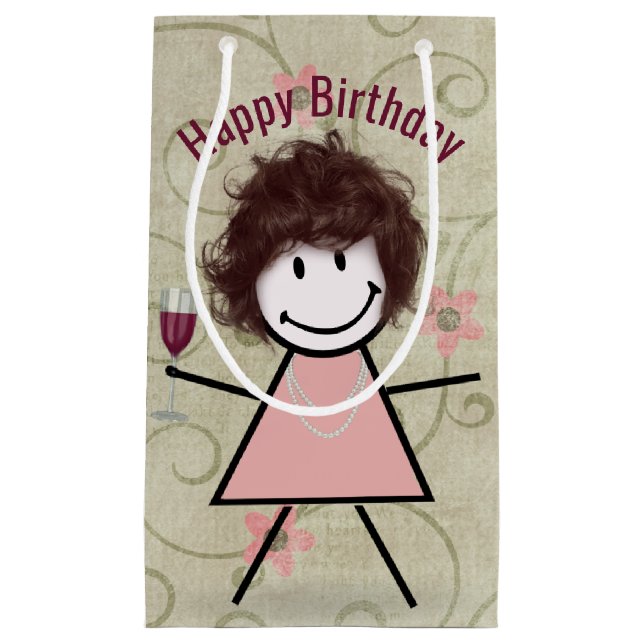 Petit Sac Cadeau Stick Girl Anniversaire Avec Vin Rouge (Devant)