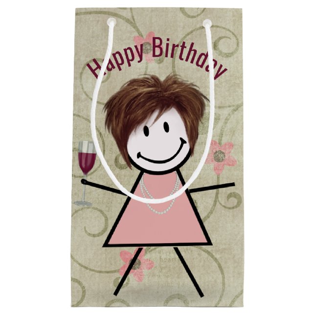 Petit Sac Cadeau Stick Girl Anniversaire Avec Vin Rouge (Devant)