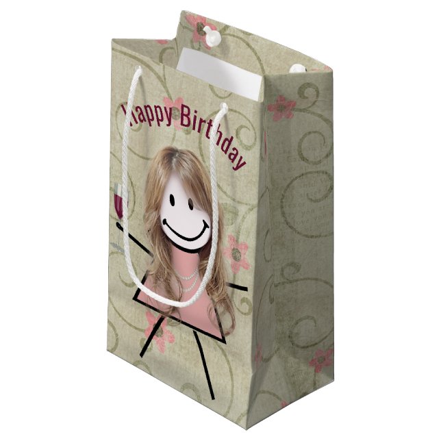 Petit Sac Cadeau Stick Girl Anniversaire Avec Vin Rouge (Devant Angle)
