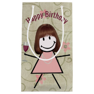 Petit Sac Cadeau Stick Girl Anniversaire Avec Vin Rouge