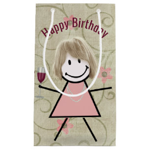 Petit Sac Cadeau Stick Girl Anniversaire Avec Vin Rouge