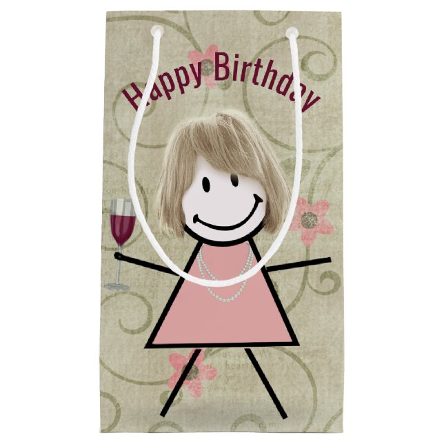 Petit Sac Cadeau Stick Girl Anniversaire Avec Vin Rouge (Devant)